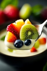 Spoonful of Yogurt with Fresh Kiwi, Berries and Peach