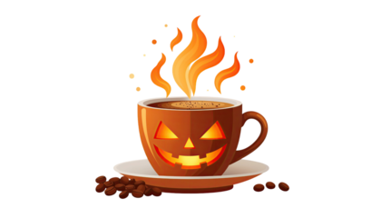 Halloween themed coffee cup with spooky decorations isolated on white background