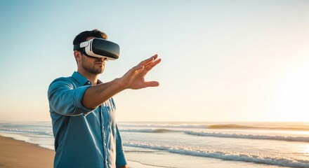 Young caucasian male experiencing virtual reality on the beach at sunset