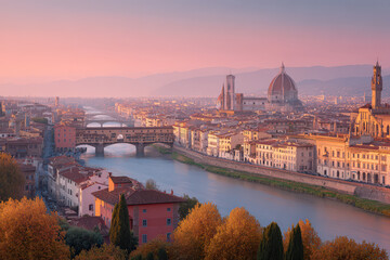 Obraz premium experience breathtaking sunset over historic architecture of florence where golden hues of dusk kiss ancient