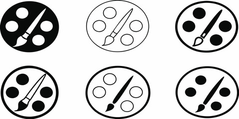 Set of six circular icons featuring paint palettes and brushes in black and white outline styles