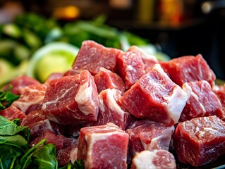 Closeup of Fresh Diced Beef Cubes Ready for Cooking