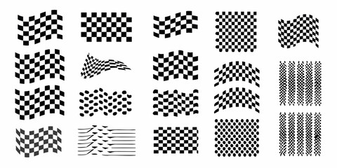 Collection of wavy and distorted checkered flags and patterns in black and white
