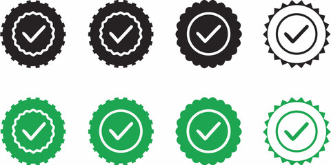 Collection of eight circular check mark icons in black and green with different border styles