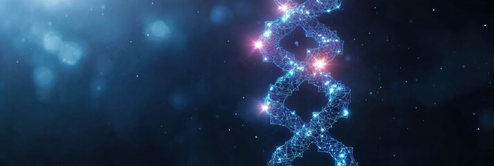Digital representation of a DNA double helix glowing in blue and purple light against a cosmic background