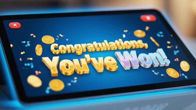 Close-up on a modern tablet screen displaying a glowing 'Congratulations You've Won' graphic, signifying digital success and winning an online prize