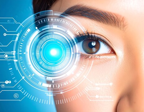 Close-up of a woman's eye with futuristic technology overlay