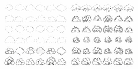 Collection of hand drawn outline and filled cloud shapes and various tree and bush illustrations
