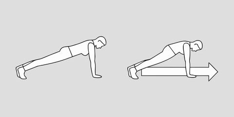 Illustration of a person performing a plank exercise with a directional arrow indicating movement or progression