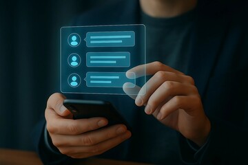 Person using futuristic holographic interface on mobile device for data management and communication