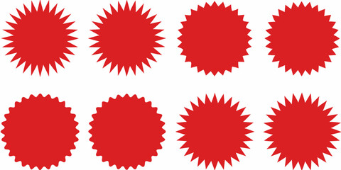 Collection of eight red starburst shapes with pointed and wavy edges on a white background