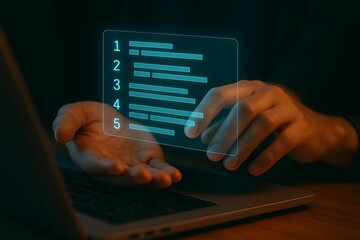 Hands typing on a laptop keyboard with glowing code on screen at night