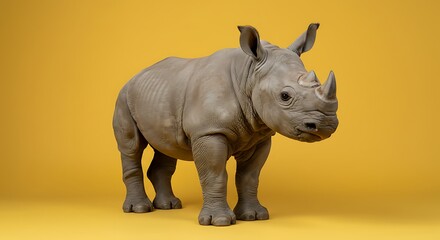 Fototapeta premium Young Rhinoceros Standing on a Footpath at the Edge of the Forest with Thick Gray Skin and Short Horns Under Natural Light”