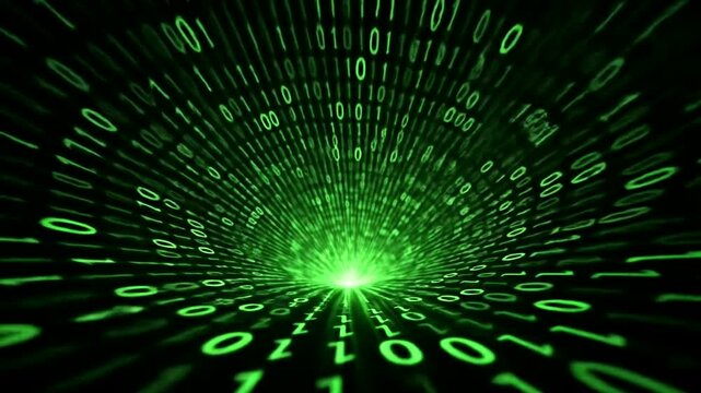 A digital tunnel of binary code spirals into a bright, glowing center.