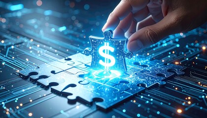 Hand places glowing dollar sign puzzle piece on futuristic tech background. Digital finance, investment, and business solution concept.