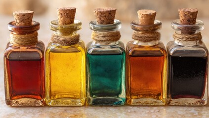 Row of small, square glass bottles with cork tops, filled with colored liquids