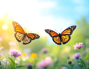 Two Monarch butterflies in flight over a field of wildflowers bathed in sunlight