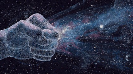 Fist punches through starry cosmic nebula