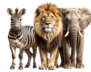 3D Wild Animal Set Lion, Zebra, and Elephant in Natural Poses, Transparent PNG Background