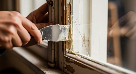 Side angle of craftsman filling cracks with fresh putty on vintage window pane focusing on tool detail and window frame texture.