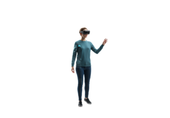 Woman experiencing virtual reality with headset and hand controllers, technology concept