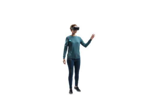 Woman experiencing virtual reality with headset and hand controllers, technology concept