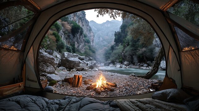 View from inside a tent of a campfire near a river in a rocky valley with mountains in the background