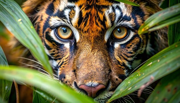 A close-up of a Sumatran tiger's face, framed by lush green foliage, showcasing its intense amber eyes and striking tiger stripes.