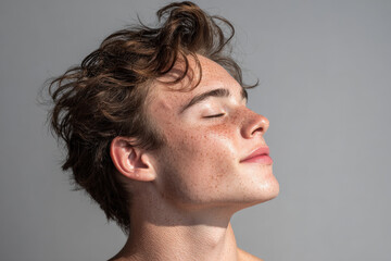 Obraz premium young man with flared nostrils takes deep breath joyful expression in portrait