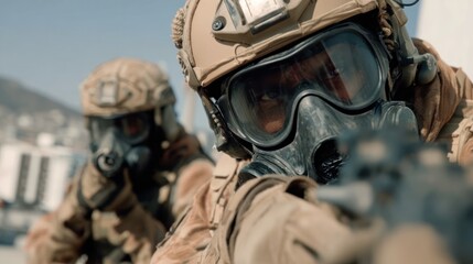 Focused military personnel in tactical gear