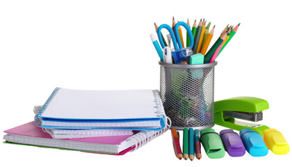 Colorful collection of essential school supplies with stationery items isolated on white background