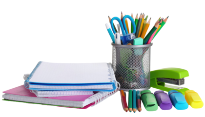 Colorful collection of essential school supplies with stationery items isolated on white background