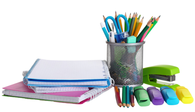 Colorful collection of essential school supplies with stationery items isolated on white background