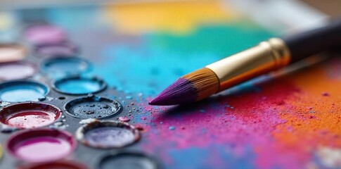 Fototapeta premium Close-up of a paintbrush resting on a painter's palette, bristles softly coated in vibrant acrylic paints Ready for the next stroke of artistic genius , art supplies, brushstrokes