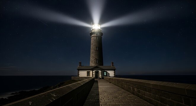 Stone lighthouse beam sweeps across dark starry night sky over ocean beacon
