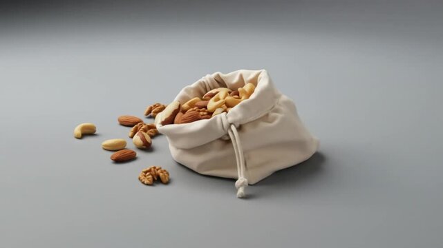 Healthy mix of nuts spilling from a drawstring bag, perfect for snacks and healthy eating habits