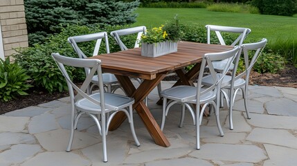 Rustic Outdoor Patio Dining Set Silver Metal Chairs Wooden Table