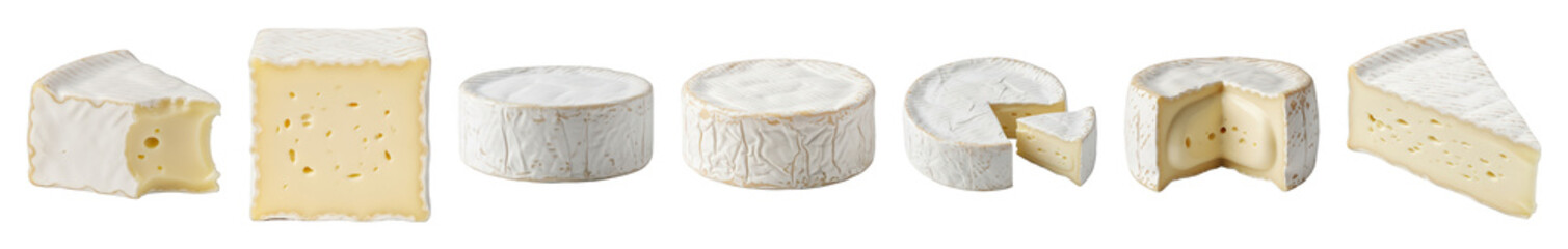 White mold cheese set including whole, cut, and wedge forms isolated. Gourmet dairy and food collection.
