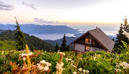 Fototapeta premium Mountain cabin at sunset