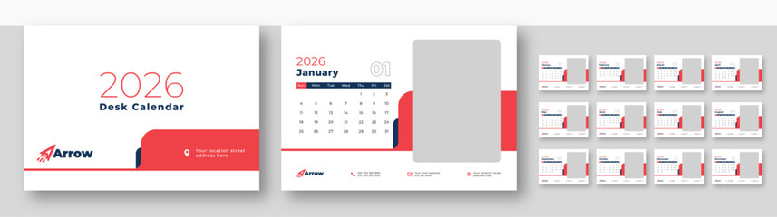 Professional Calendar 2026 template Layout | Corporate desk planner | 12-month monthly view design | Week starts on Sunday