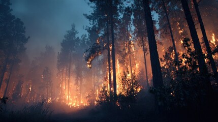 Forest fire at night