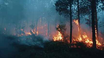 Forest fire at twilight