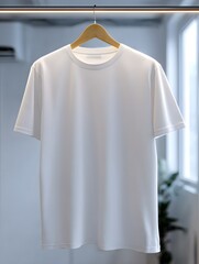 Pristine white crewneck t-shirt with a blank tag hanging on a light wood hanger.