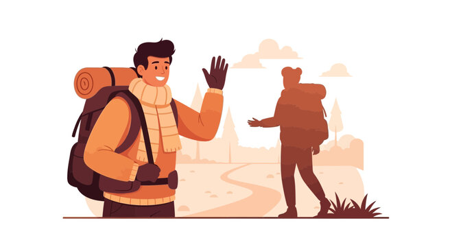 Illustration of a backpacker waving goodbye to a friend while traveling on a trail or path