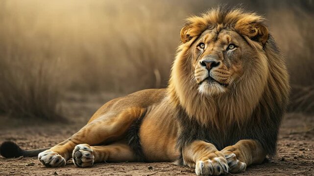 Cinematic close-up of Asiatic lion (Panthera leo persica), a critically endangered species, resting in golden sunlight, mane illuminated, 4K wildlife documentary footage