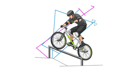 Fototapeta premium Illustration of a BMX rider performing a trick on a rail with geometric shapes in the background