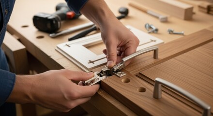 Side angle of a craftsman fitting matching cabinet hinges and handles after drilling aligned holes with a template jig on custom woodwork.
