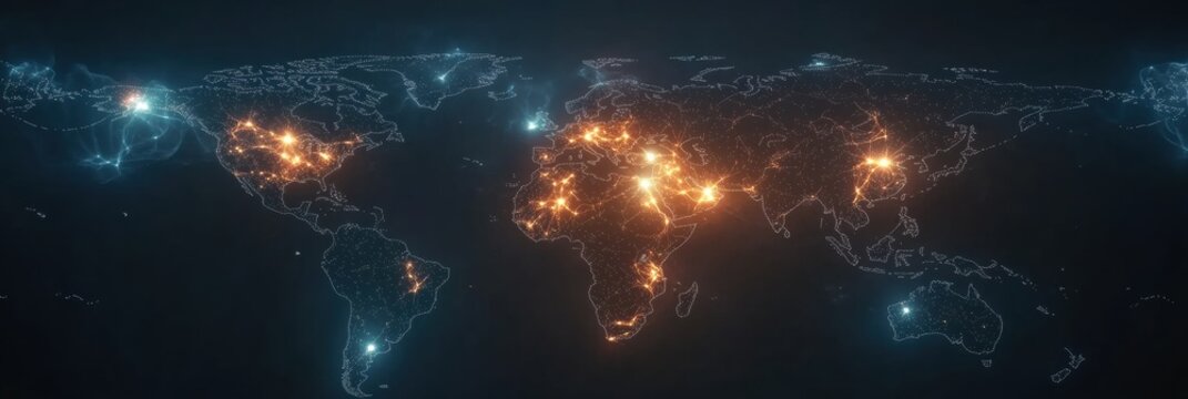 Global network connections illuminated across continents showcasing vibrant activity and data exchange in a digital world at night - Powered by Adobe