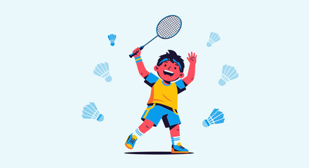 Illustration of a happy boy playing badminton with rackets and shuttlecocks in the air
