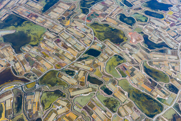 Aerial view of the dramatic landscape of the salt fields of Guerande in France
